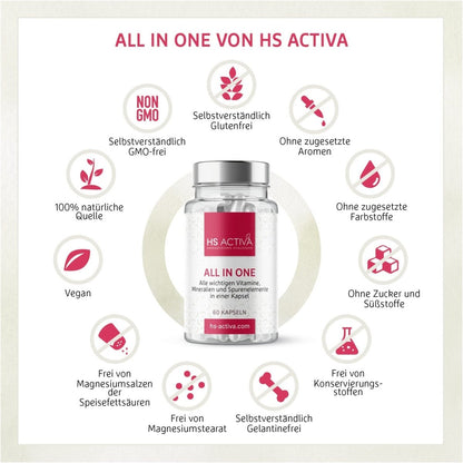 All In One | Alle wichtigen Vitamine, Mineralien und Spurenelemente in einem Produkt | (60 oder 250 Kapseln) - HS Activa