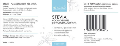 Stevia | Steviolglycosid 97% | Gesundes Süßen | Alternative zu Zucker | 25 Gramm - HS Activa