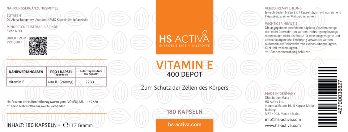 Vitamin E | Hochdosiert mit 400 IU | 180 Kapseln - HS Activa