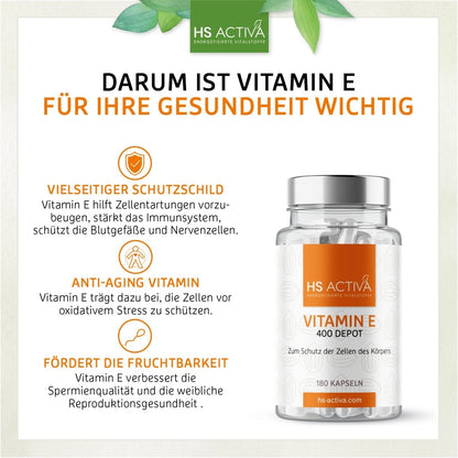 Vitamin E | Hochdosiert mit 400 IU | 180 Kapseln - HS Activa