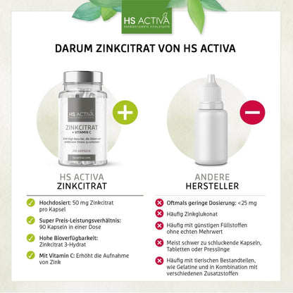 Zink + Vitamin C | Großpackung: 250 Kapseln - HS Activa